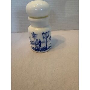 Belgium Milk Glass Apothecary Jar Blue Toile Victorian Scene Canister. Vintage